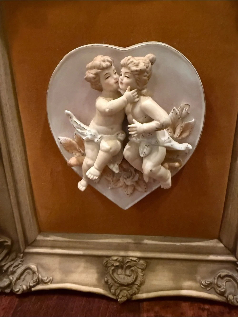 VTG Porcelain Bisque Heart Sculpture Wall Hanging on Velvet 2 Angels Framed 3D